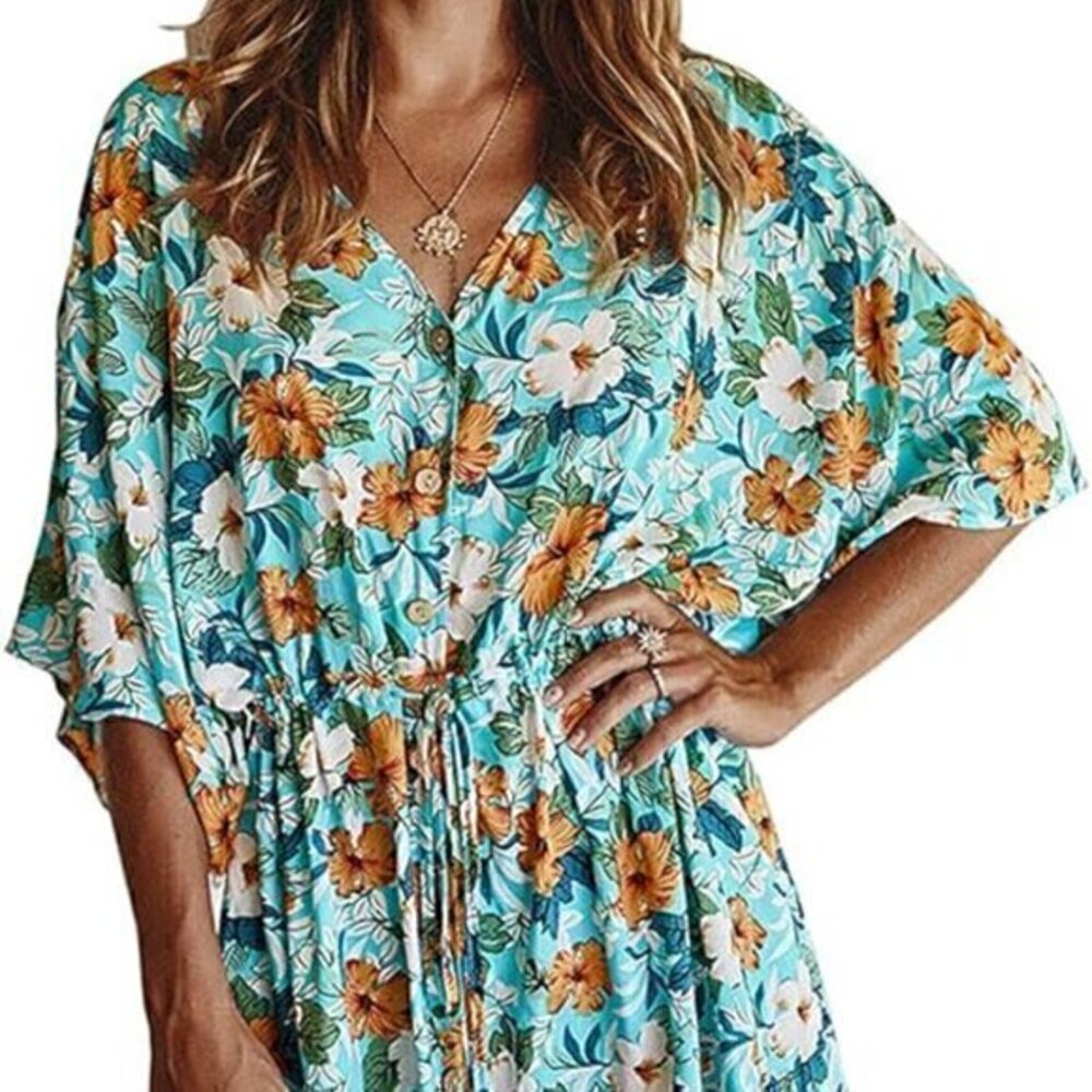 VERYCO - Floral Print Batwing Half Sleeve V-Neck Drawstring Waist